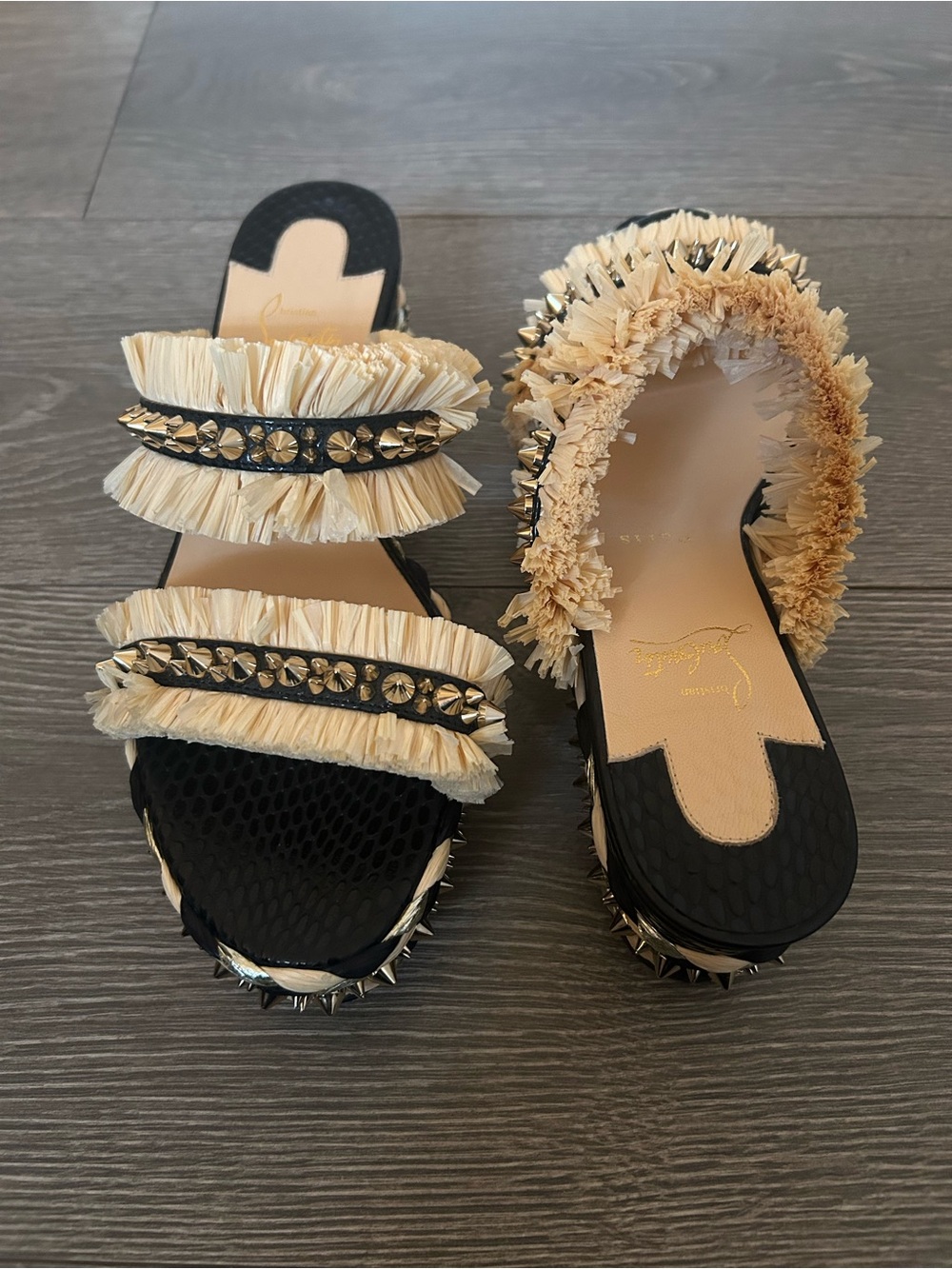 Christian Louboutin Voltinoudou Beige Black Raffia Wedge Sandal